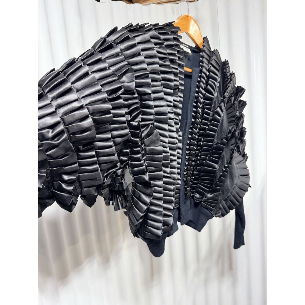 VTG Phyllis Sues Black Knit Cardigan Ruffle Satin Bolero Jacket Sz Sm Tango - Picture 12 of 13